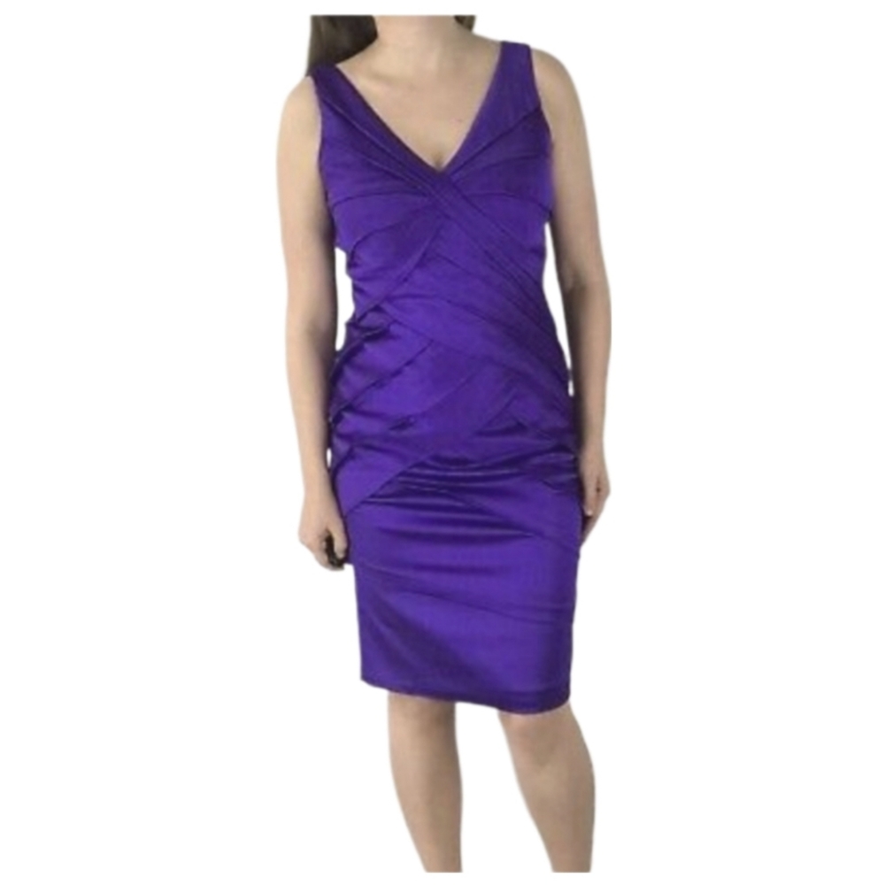 Tadashi Shoji V-Neckline Purple Satin Crisscross Sleeveless Cocktail Party Dress